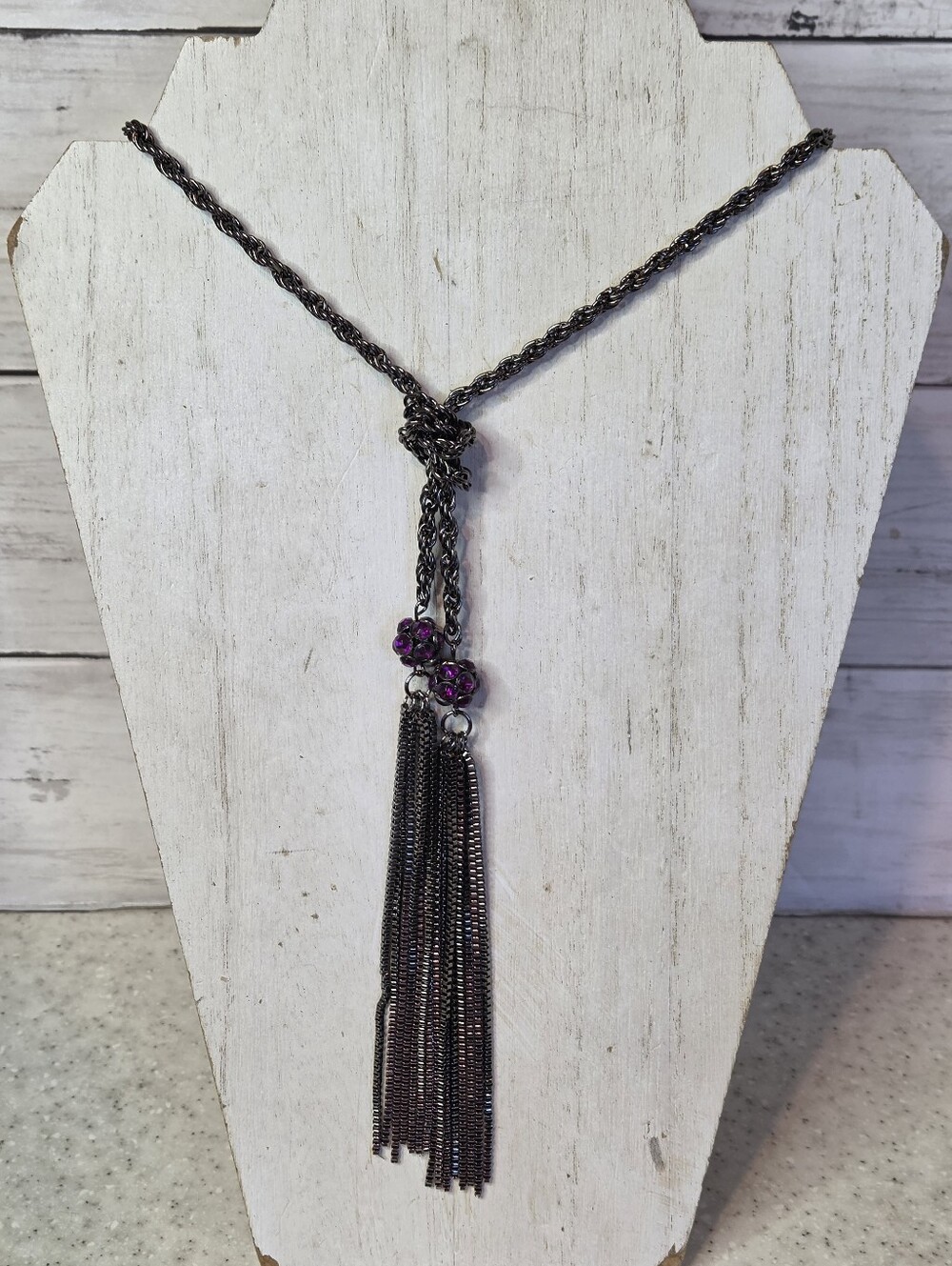 Purple Rhinestone Bead Necklace Gunmetal Gray Box Chain Tassel Lariat 30"